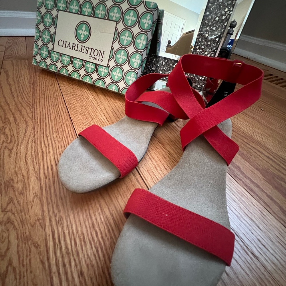 Charleston Shoe Co Women's Grace Sandals 10 Red Block Heel Stretch Ankle Strap